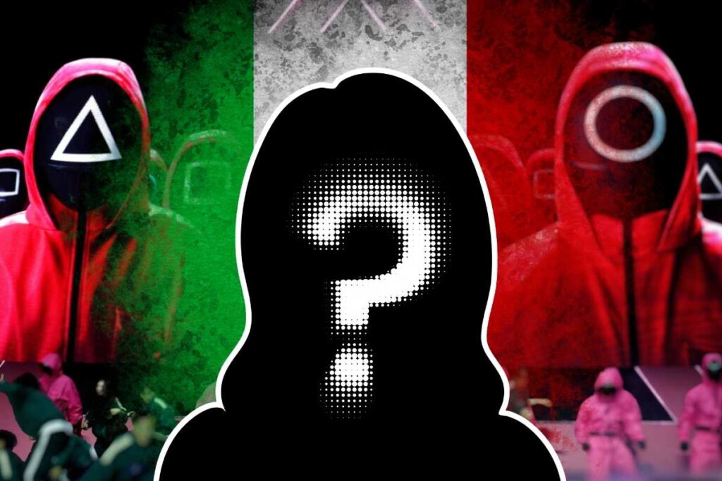 Squid Game, bandiera Italia, sagoma femminile e interrogativo
