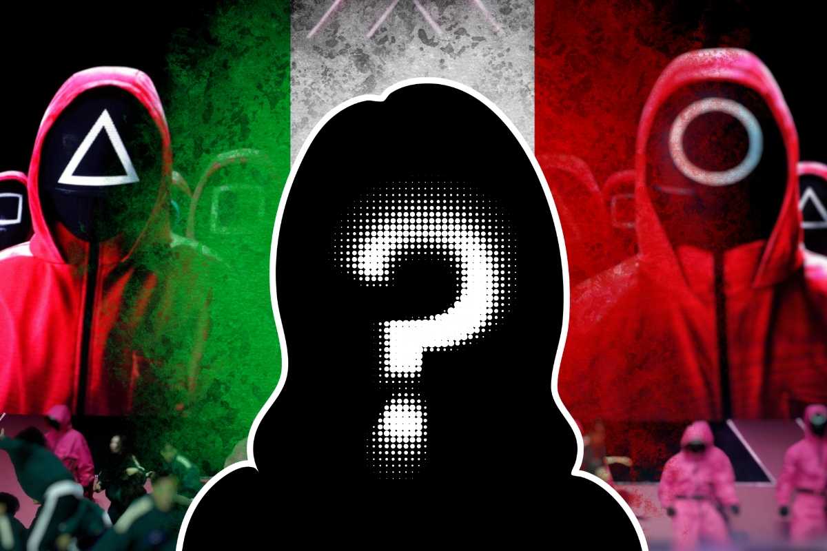 Squid Game, bandiera Italia, sagoma femminile e interrogativo