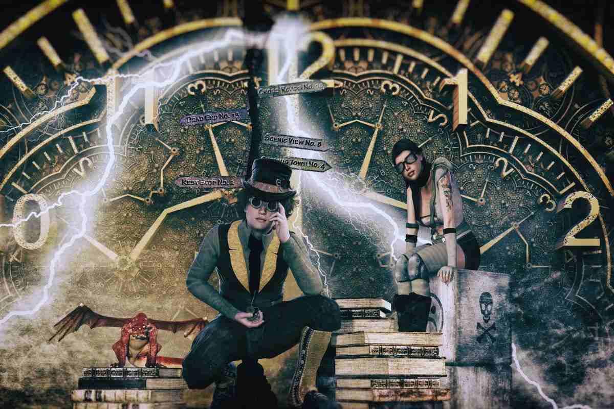 Due persone abbigiate in modo stravagante che vivono all'interno di quello che sembra un orologio